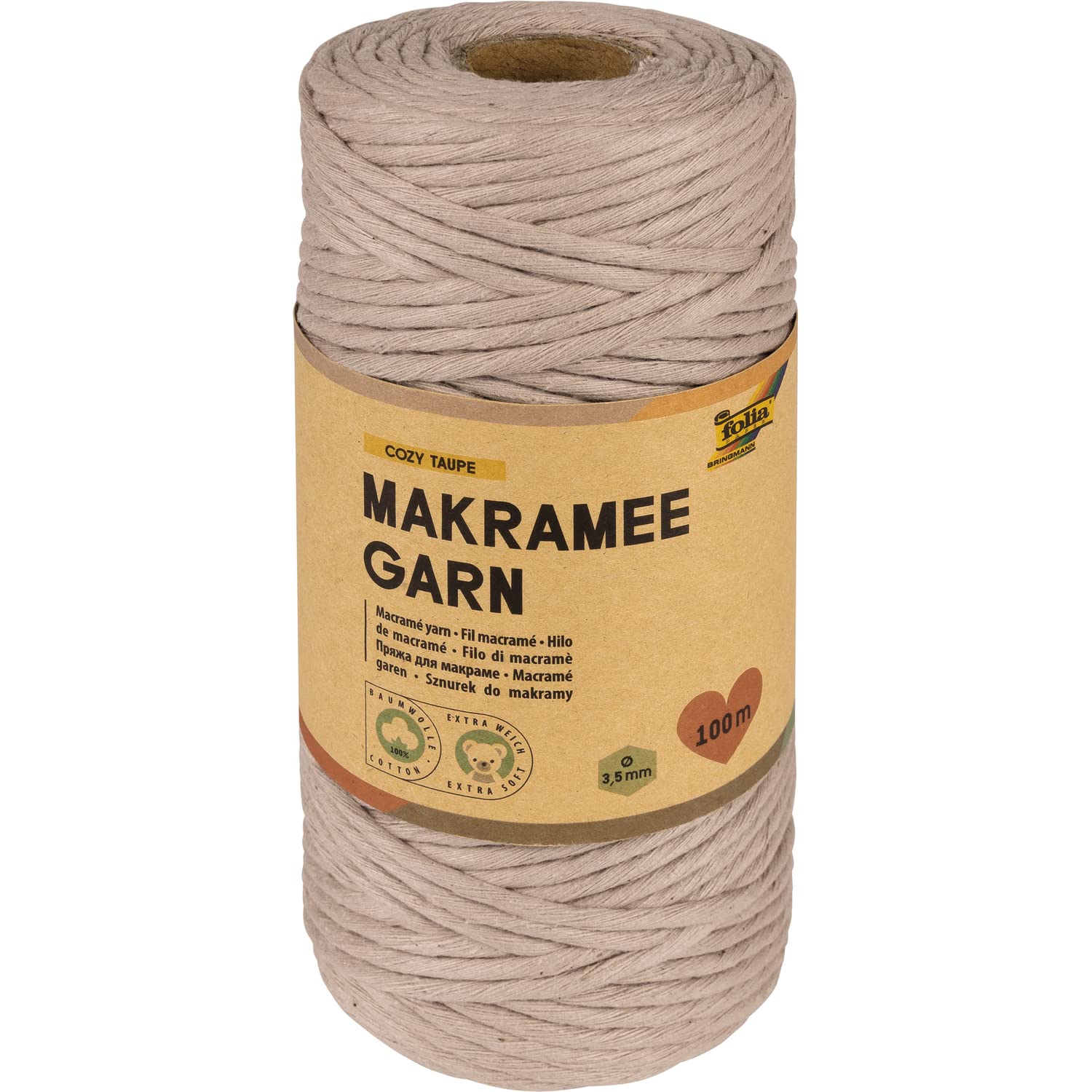 folia 24995 - Macrame Yarn Cozy Taupe, 100% Cotton, 100 m Twisted Yarn in Taupe, Diameter 3.5 mm, for Crafts and Knotting