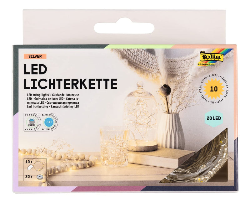folia 987 - 10x Micro LED Fairy Lights with 20 LEDs in Warm White, Approx. 2.20 m Long LED Lighting Made of Silver Wire, Includes 20 Batteries