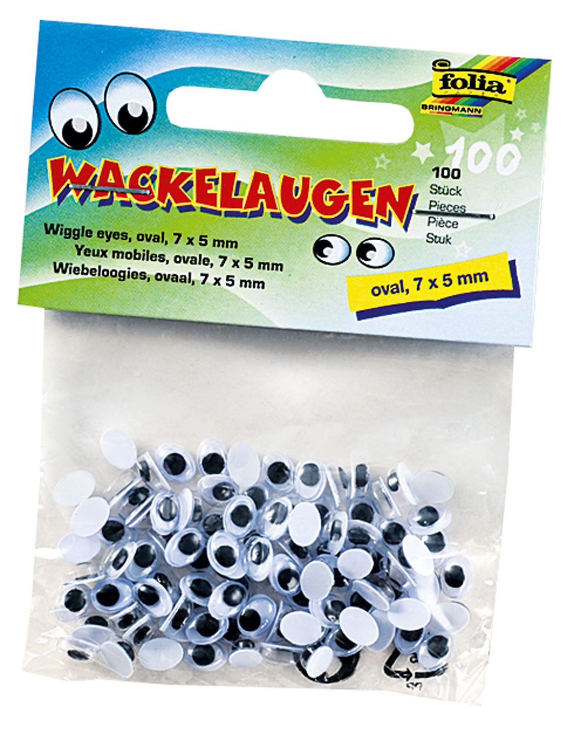 folia 750705 - Wackelaugen mit beweglicher Pupille, weiß, oval ca. 7 x 5 mm, 100 Stück - ideal für das Basteln von Figuren und Tieren
