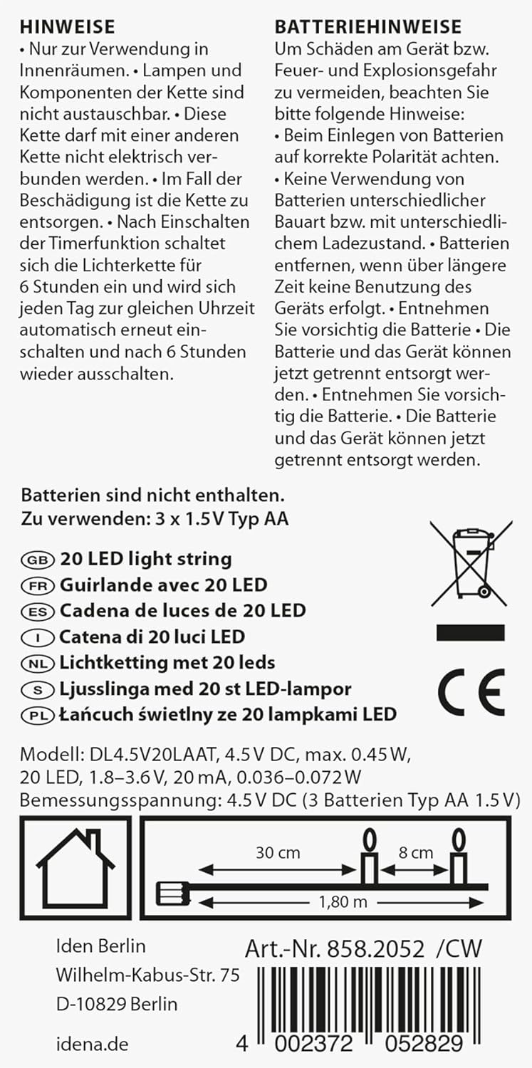 Idena 8582052 - LED Lichterkette mit 20 LEDs in Warmweiß, mit 6 Stunden Timer Funktion, batteriebetrieben, ca. 1,8 m lang, Deko für Innen, zum Basteln, als Party Deko, Weihnachtsdeko, zur Hochzeit