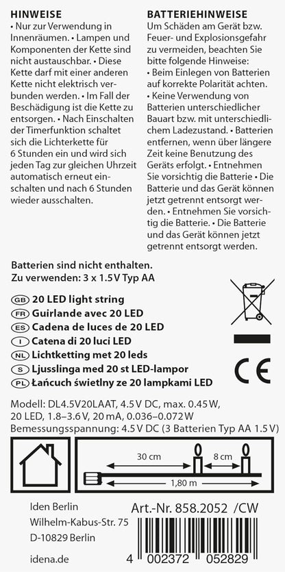 Idena 8582052 - LED Lichterkette mit 20 LEDs in Warmweiß, mit 6 Stunden Timer Funktion, batteriebetrieben, ca. 1,8 m lang, Deko für Innen, zum Basteln, als Party Deko, Weihnachtsdeko, zur Hochzeit