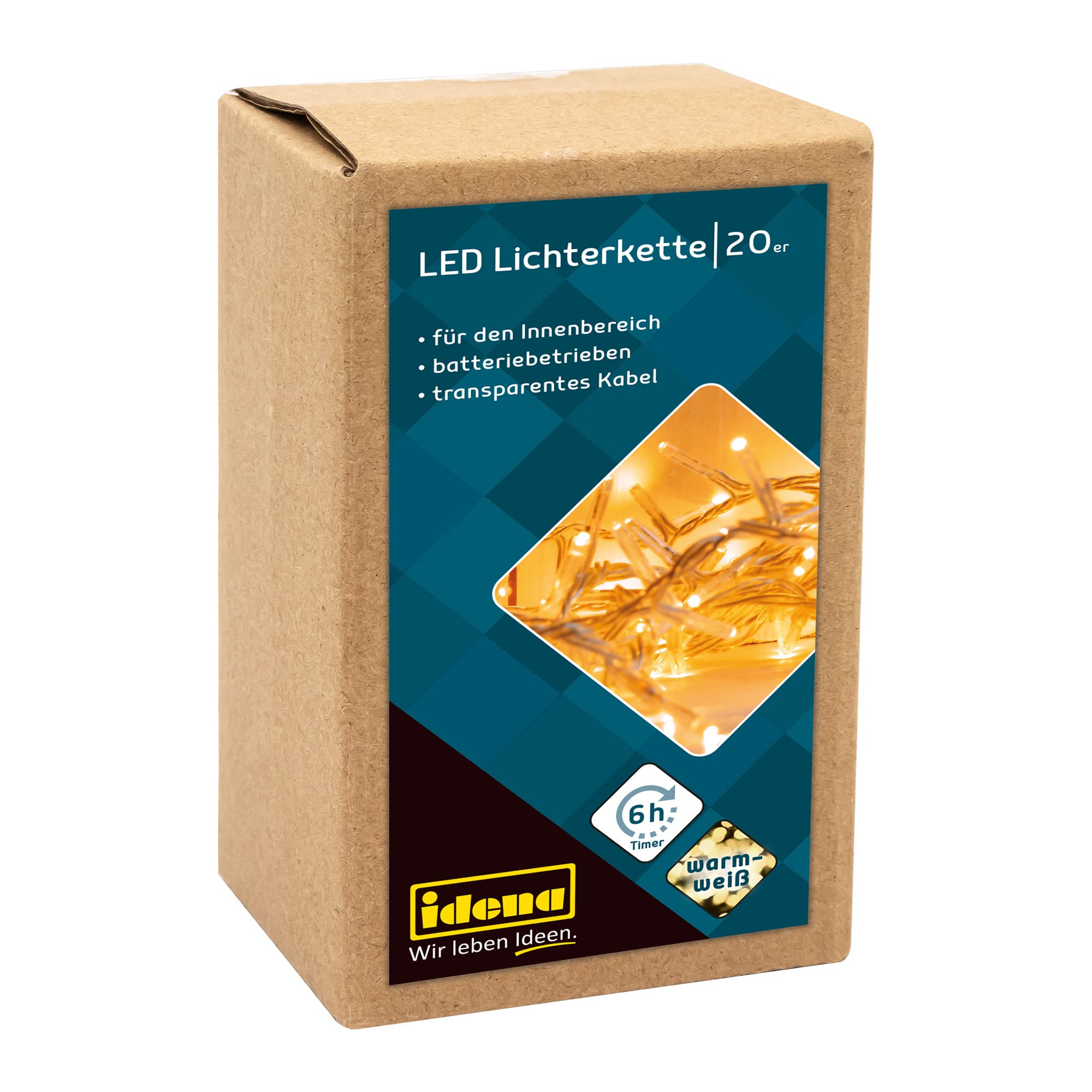 Idena 8582052 - LED Lichterkette mit 20 LEDs in Warmweiß, mit 6 Stunden Timer Funktion, batteriebetrieben, ca. 1,8 m lang, Deko für Innen, zum Basteln, als Party Deko, Weihnachtsdeko, zur Hochzeit