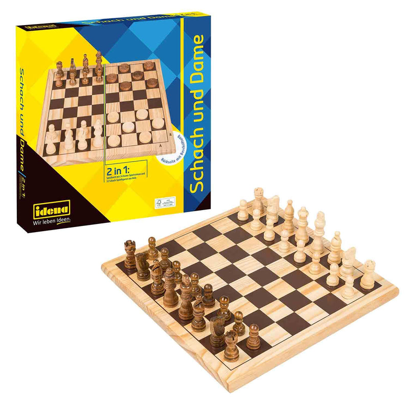 Idena 40174 - Spieleklassiker Schach und Dame 2-in-1, mit Spielbrett, 32 Schachfiguren und 24 flachen Steinen, für spannende Spielabende mit Freunden und Familie Schach & Dame