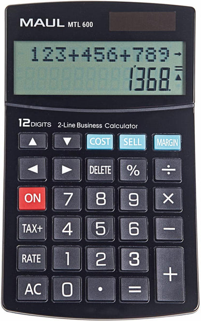 MAUL MTL 600 Commercial Calculator | Calculator with Commercial Functions | 12-Digit Display with 2 Lines | Includes Tax Invoice and Correction Function | Solar/Battery | Black