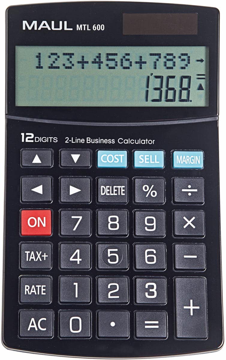 MAUL MTL 600 Commercial Calculator | Calculator with Commercial Functions | 12-Digit Display with 2 Lines | Includes Tax Invoice and Correction Function | Solar/Battery | Black