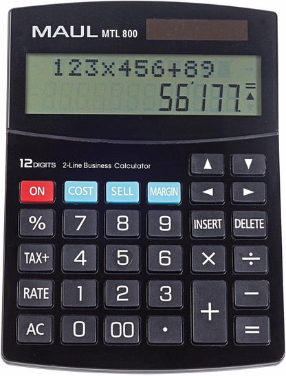 MAUL MTL 800 Commercial Calculator | Calculator with Commercial Functions | 12-Digit Display with 2 Lines | Includes Tax Invoice and Correction Function | Solar/Battery | Black