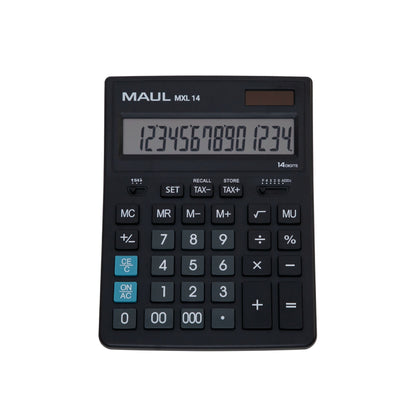 MAUL Commercial Calculator MXL14 | 14 Digits | Includes Tax Calculator | Angled Display | Large Professional Desktop Calculator | Solar Powered | Battery Included | 20.5 x 15.5 cm | Black black 14 digits