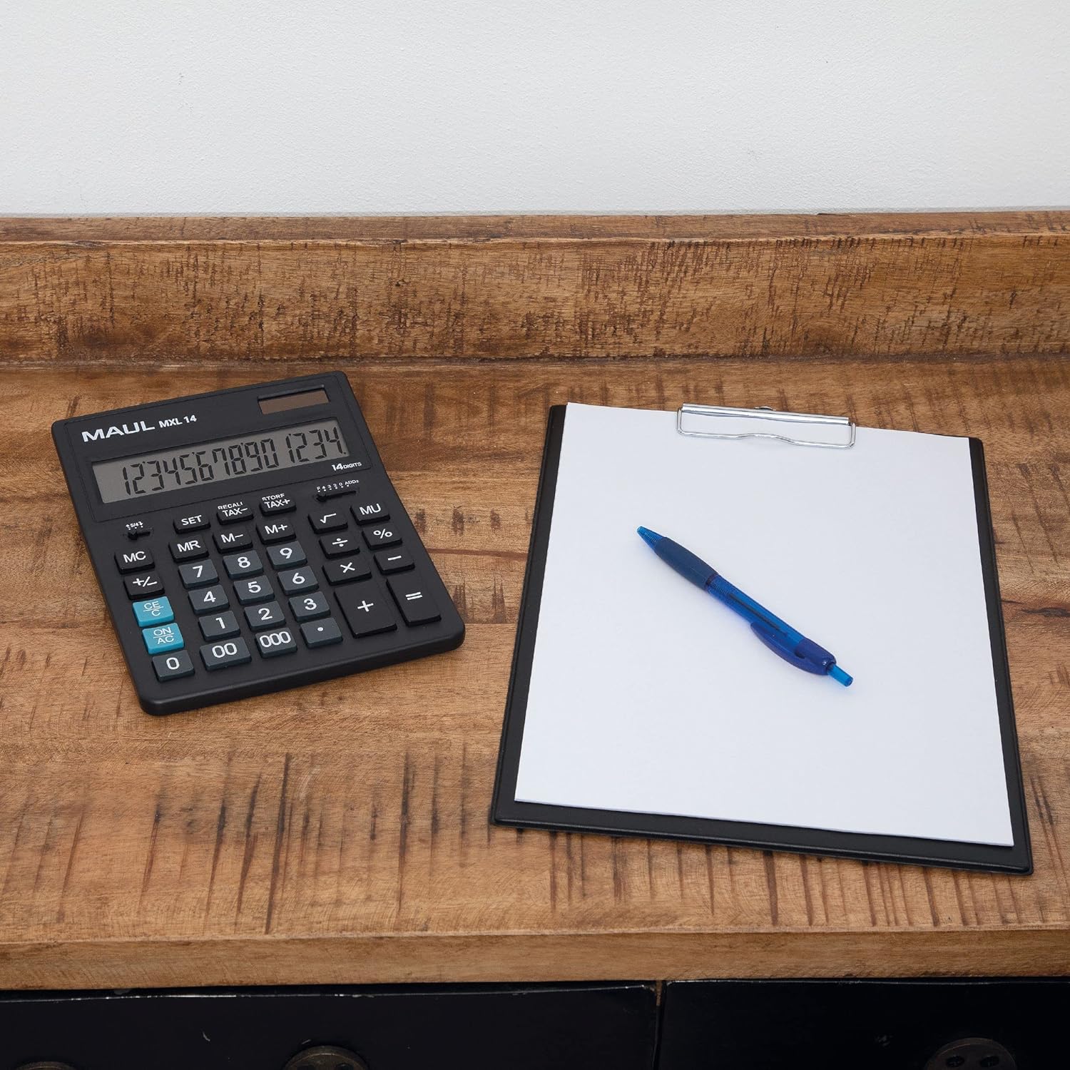 MAUL Commercial Calculator MXL14 | 14 Digits | Includes Tax Calculator | Angled Display | Large Professional Desktop Calculator | Solar Powered | Battery Included | 20.5 x 15.5 cm | Black black 14 digits