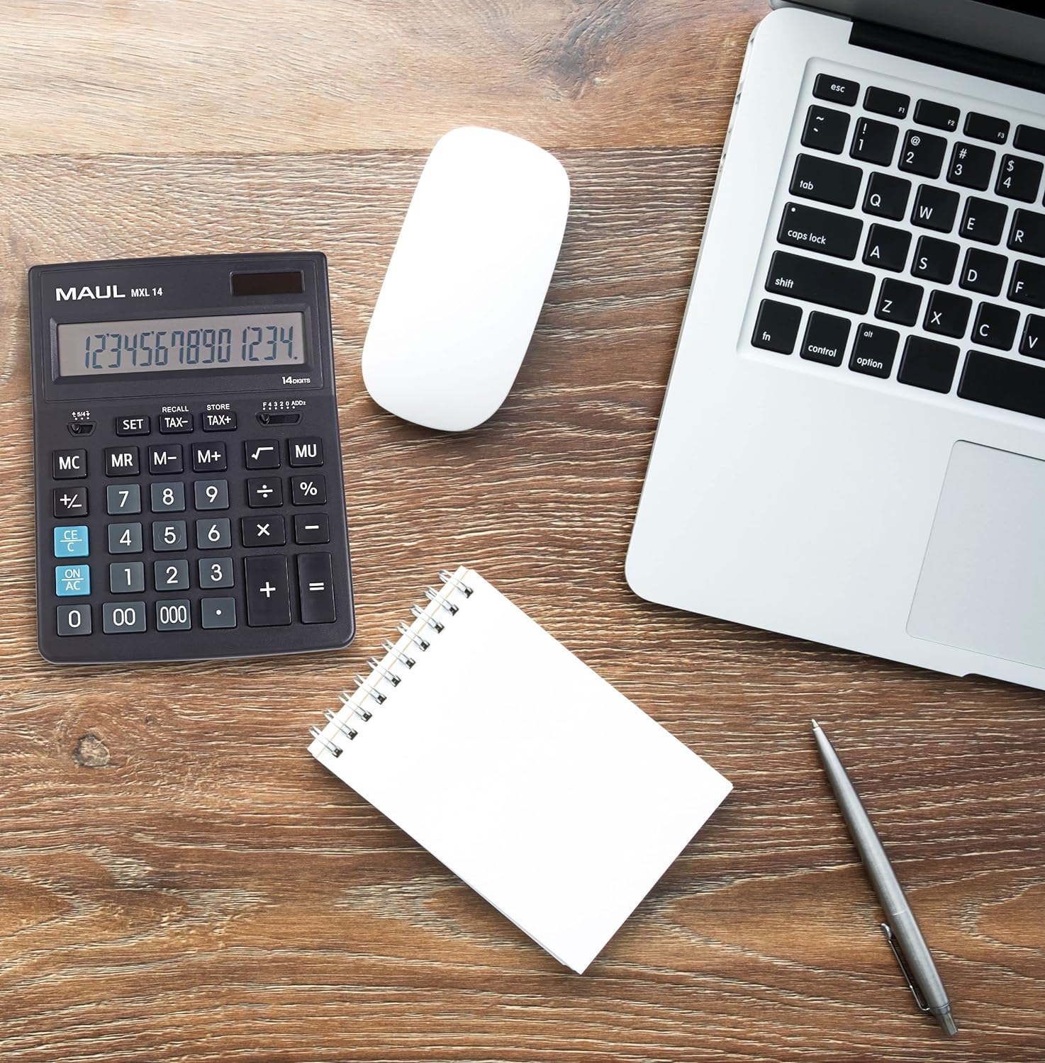 MAUL Commercial Calculator MXL14 | 14 Digits | Includes Tax Calculator | Angled Display | Large Professional Desktop Calculator | Solar Powered | Battery Included | 20.5 x 15.5 cm | Black black 14 digits