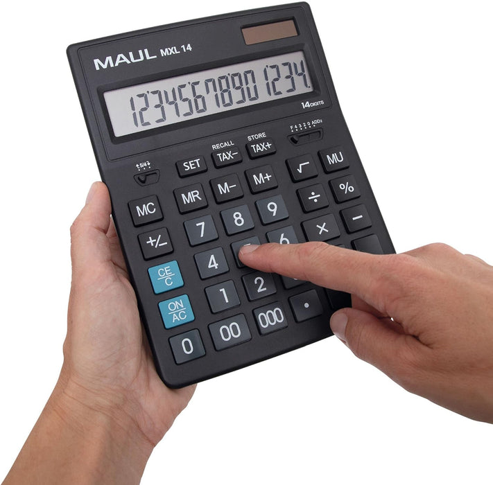 MAUL Commercial Calculator MXL14 | 14 Digits | Includes Tax Calculator | Angled Display | Large Professional Desktop Calculator | Solar Powered | Battery Included | 20.5 x 15.5 cm | Black black 14 digits