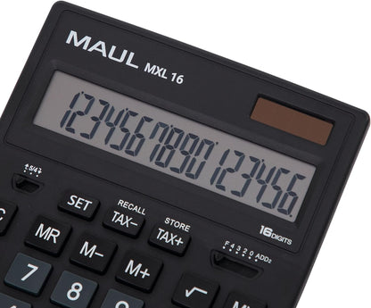 MAUL Commercial Calculator MXL16 | Angled Display with 16 Digits | Includes Tax Calculator | Large: 20.5 x 15.5 cm | Professional Desk Calculator | Solar/Battery | Black