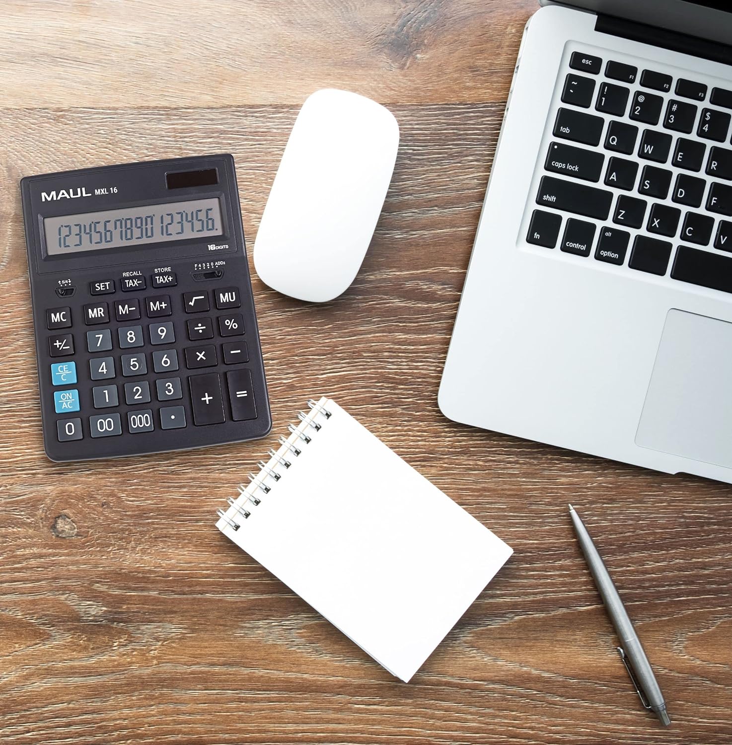 MAUL Commercial Calculator MXL16 | Angled Display with 16 Digits | Includes Tax Calculator | Large: 20.5 x 15.5 cm | Professional Desk Calculator | Solar/Battery | Black