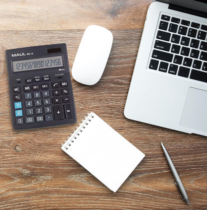 MAUL Commercial Calculator MXL16 | Angled Display with 16 Digits | Includes Tax Calculator | Large: 20.5 x 15.5 cm | Professional Desk Calculator | Solar/Battery | Black