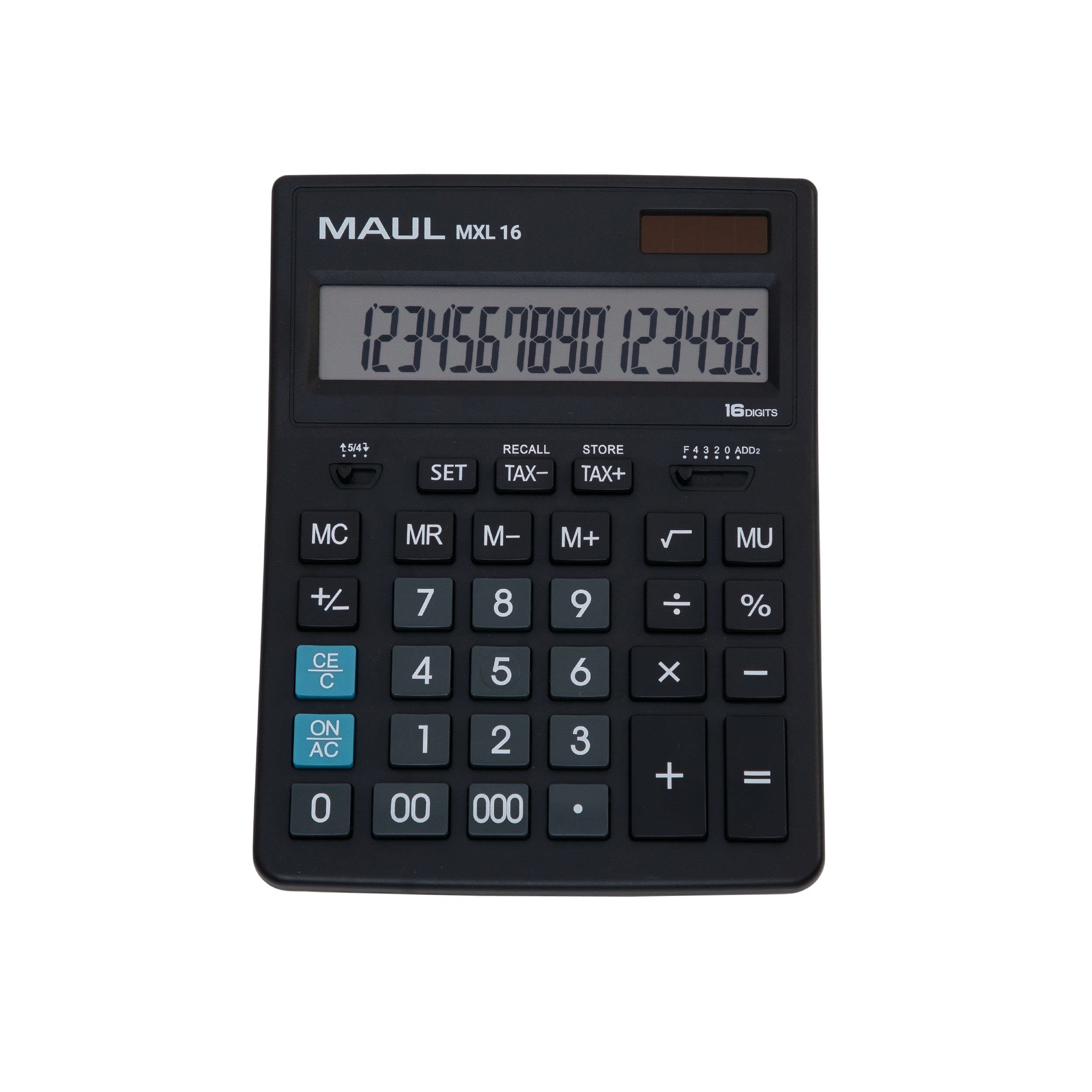 MAUL Commercial Calculator MXL16 | Angled Display with 16 Digits | Includes Tax Calculator | Large: 20.5 x 15.5 cm | Professional Desk Calculator | Solar/Battery | Black