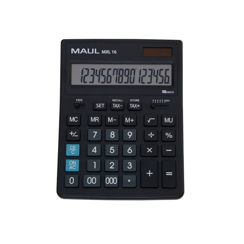 MAUL Commercial Calculator MXL16 | Angled Display with 16 Digits | Includes Tax Calculator | Large: 20.5 x 15.5 cm | Professional Desk Calculator | Solar/Battery | Black