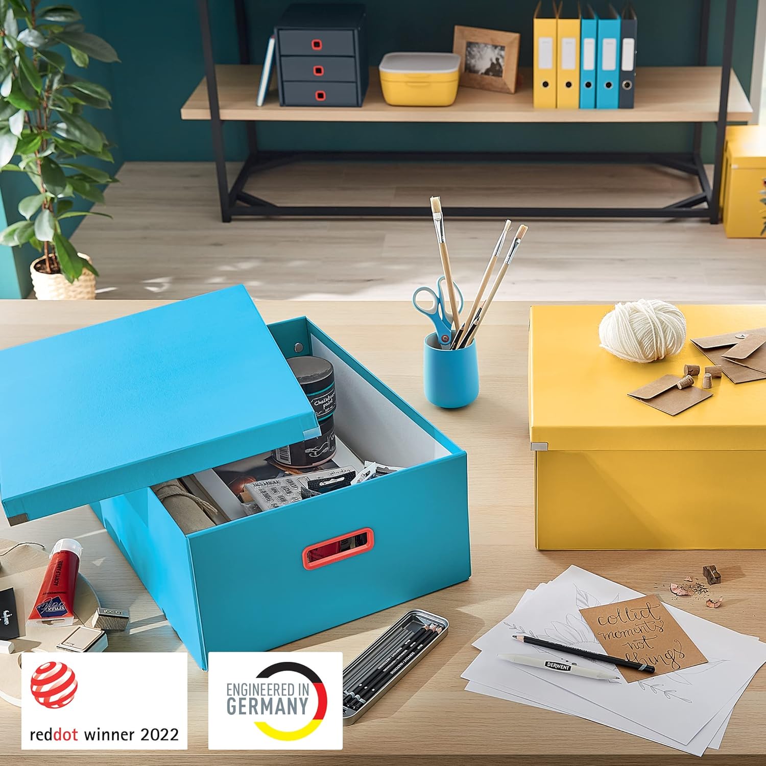 Leitz Click & Store Große Aufbewahrungsbox, Faltbare A3-Aktenbox mit Deckel, Stabiler Premium-Kartonbehälter für die Ablage von Unterlagen, Zuhause/Büro, Cosy Serie, Sanftes Blau, 53490061 Box L Aufbewahrung bis A3 Blau