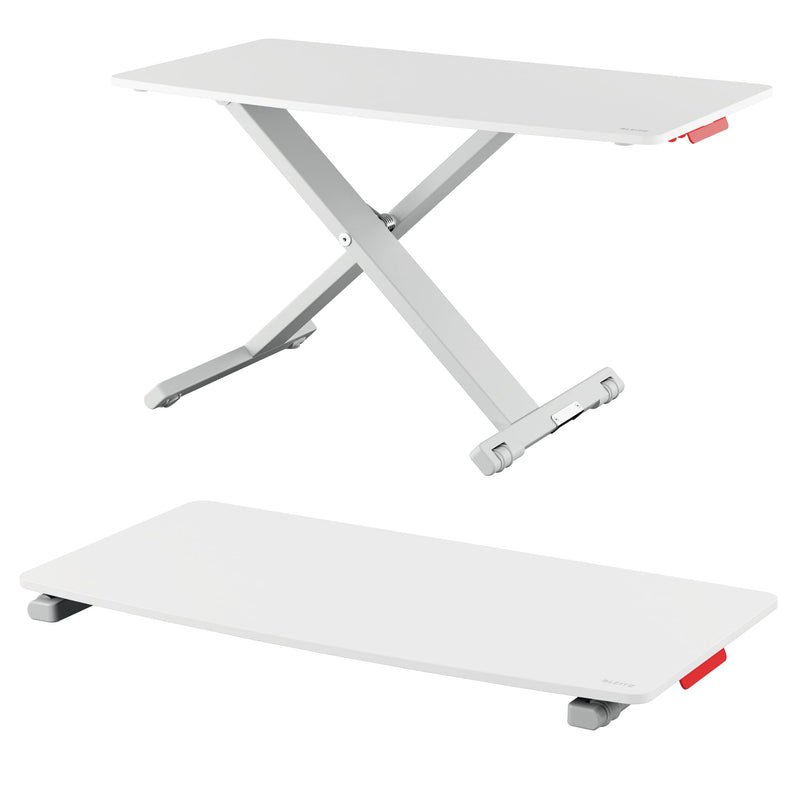 Leitz Standing Desk Converter, Compact Ergonomic Height Adjustable Stand For Computer Screens, Monitors & Laptops, Slimline & Saves Space, 700 x 350 mm, Ergo Cosy Range, White & Grey, 65330085 700mm x 350 mm