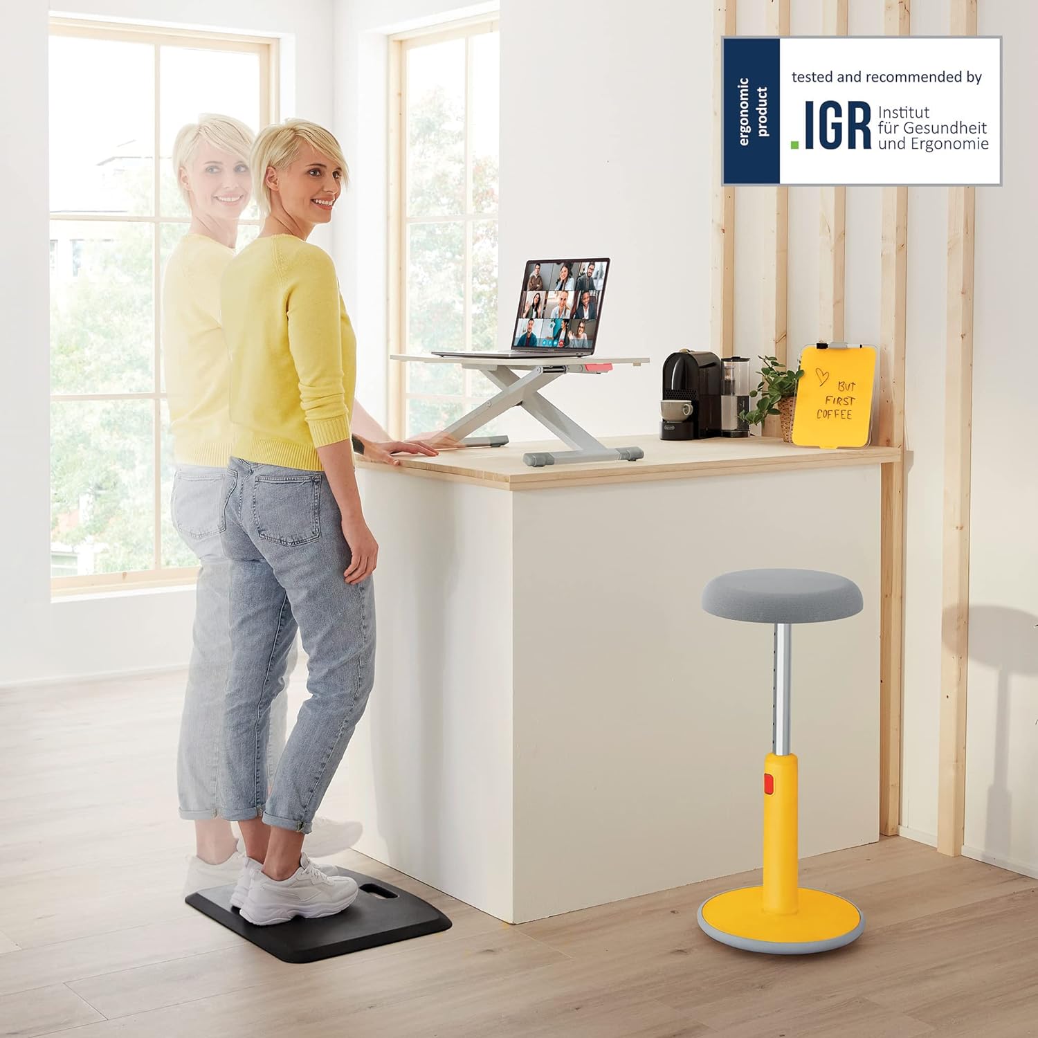 Leitz Standing Desk Converter, Compact Ergonomic Height Adjustable Stand For Computer Screens, Monitors & Laptops, Slimline & Saves Space, 700 x 350 mm, Ergo Cosy Range, White & Grey, 65330085 700mm x 350 mm