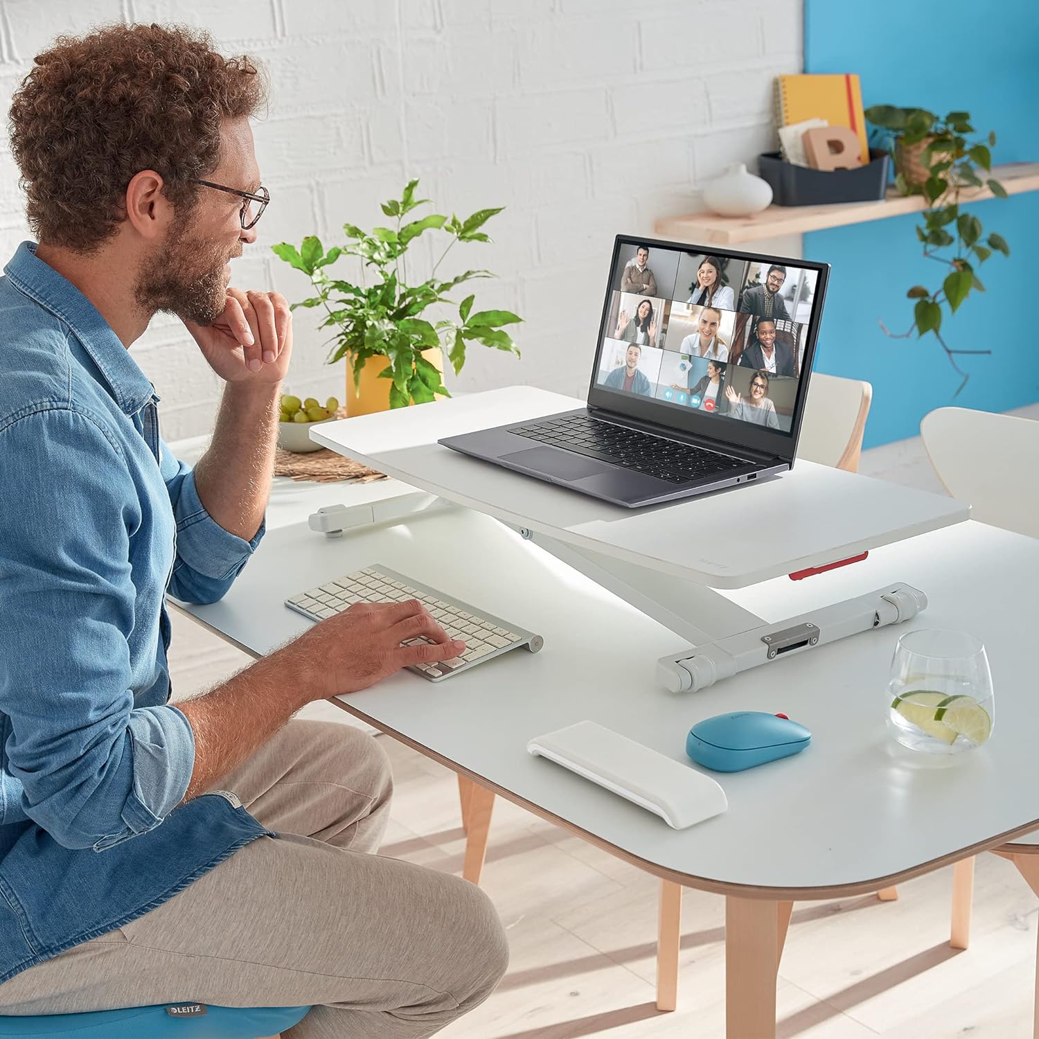 Leitz Standing Desk Converter, Compact Ergonomic Height Adjustable Stand For Computer Screens, Monitors & Laptops, Slimline & Saves Space, 700 x 350 mm, Ergo Cosy Range, White & Grey, 65330085 700mm x 350 mm