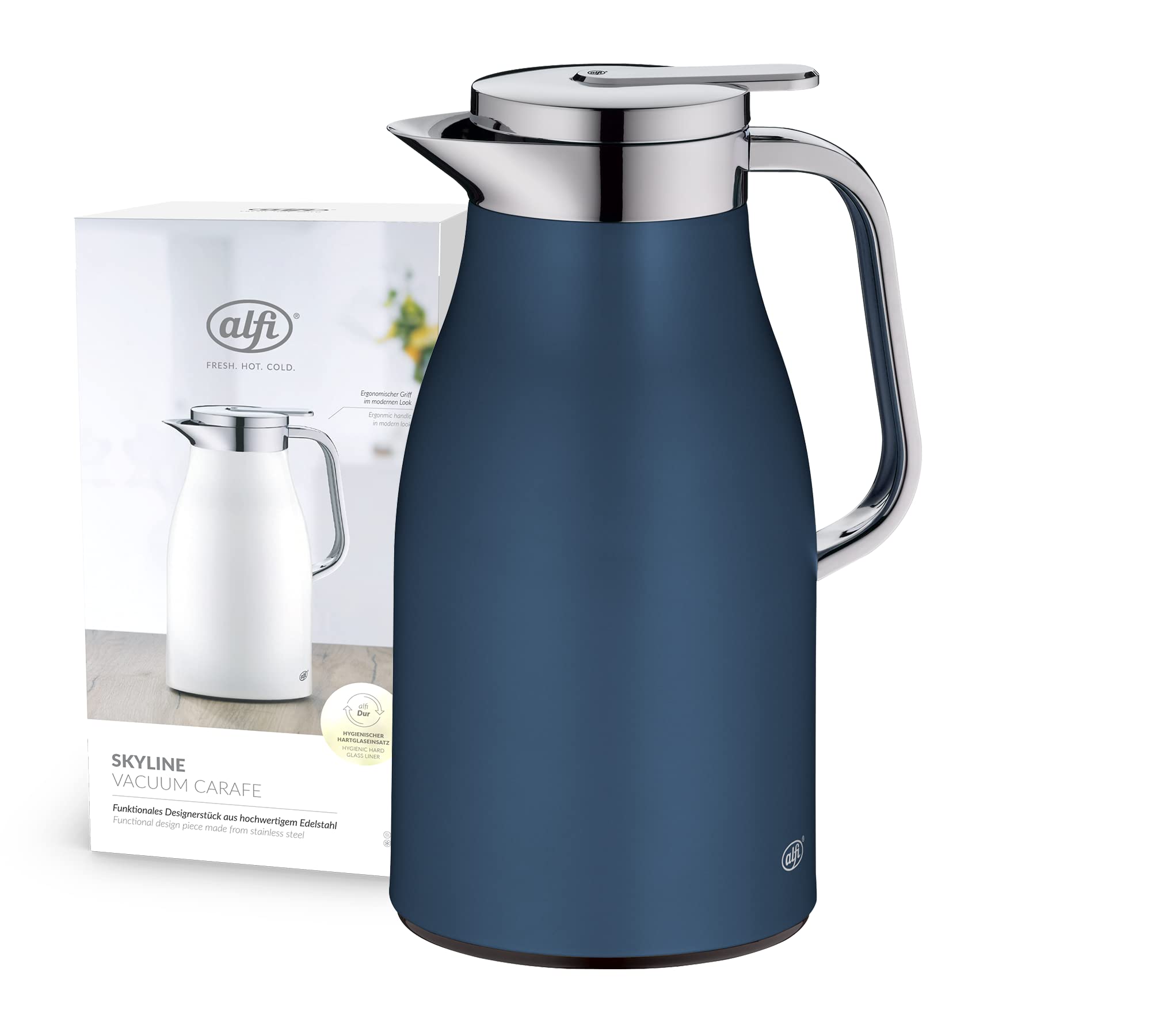 alfi SKYLINE 1,0l, dark denim mat, Edelstahl-Isolierkanne mit hygienischem Hartglaseinsatz, Drehverschluss mit bequemer Drucktaste, ergonomischer Griff, mit einer Hand, ideal als Kaffeekanne, Teekanne Isolierkanne 1,00 Liter Dark Denim Mat