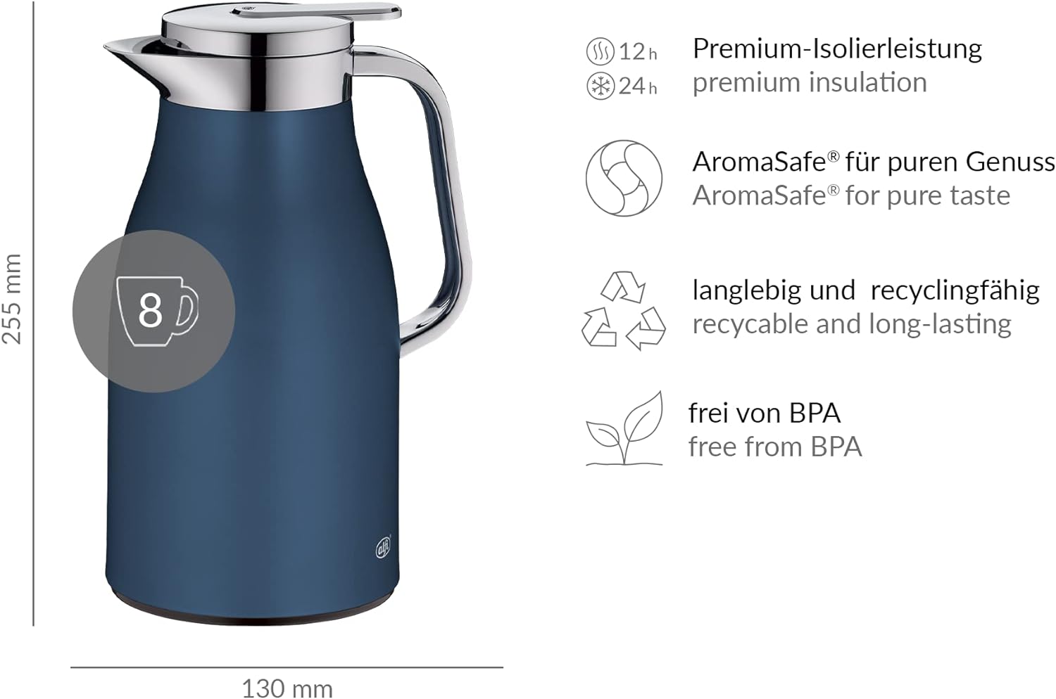 alfi SKYLINE 1,0l, dark denim mat, Edelstahl-Isolierkanne mit hygienischem Hartglaseinsatz, Drehverschluss mit bequemer Drucktaste, ergonomischer Griff, mit einer Hand, ideal als Kaffeekanne, Teekanne Isolierkanne 1,00 Liter Dark Denim Mat