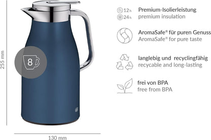 alfi SKYLINE 1,0l, dark denim mat, Edelstahl-Isolierkanne mit hygienischem Hartglaseinsatz, Drehverschluss mit bequemer Drucktaste, ergonomischer Griff, mit einer Hand, ideal als Kaffeekanne, Teekanne Isolierkanne 1,00 Liter Dark Denim Mat
