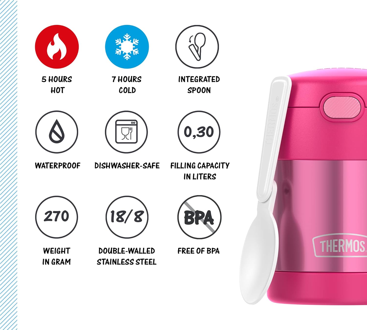 THERMOS kids FUNTAINER FOOD JAR 0,30l, pink, Thermobehälter für Essen mit Löffel für Kinder, 5 h heiß / 7 h kalt, absolut dicht für Suppe, Müsli, Pause