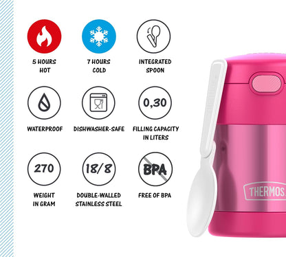 THERMOS kids FUNTAINER FOOD JAR 0,30l, pink, Thermobehälter für Essen mit Löffel für Kinder, 5 h heiß / 7 h kalt, absolut dicht für Suppe, Müsli, Pause
