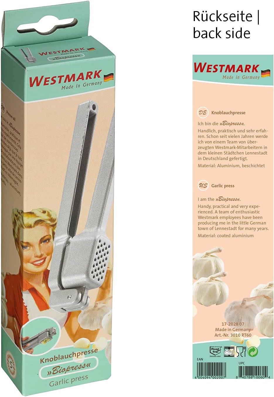 Westmark Garlic Press, Retro Packaging, Aluminium, 15.2 x 2.5 x 3.1cm, Biopress, Silver, 3010Rt60