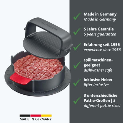 Westmark Hamburgermaker VARIO PLUS – Robuste Burgerpresse für Patties, individuelle Patty-Größen einstellbar, saubere Anwendung, auch für vegane Burger – ABS