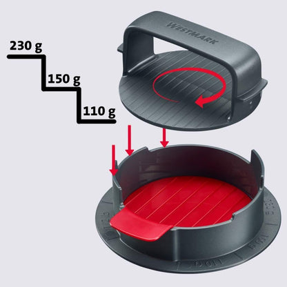 Westmark Hamburgermaker VARIO PLUS – Robuste Burgerpresse für Patties, individuelle Patty-Größen einstellbar, saubere Anwendung, auch für vegane Burger – ABS