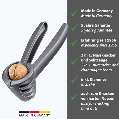 Westmark Nutcracker and champagne tongs, extra large opening for walnuts, with clip, aluminium, Westmark nut profile, anthracite/red, 33222270