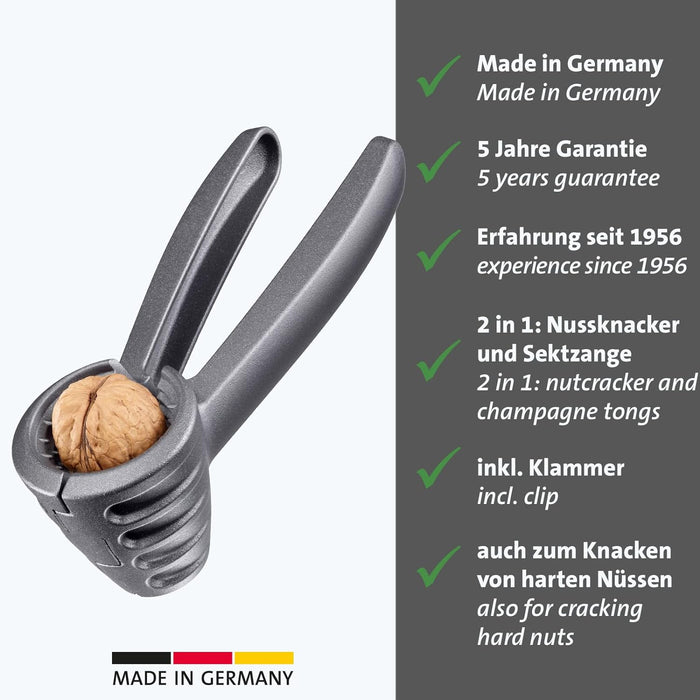 Westmark Nutcracker and champagne tongs, extra large opening for walnuts, with clip, aluminium, Westmark nut profile, anthracite/red, 33222270