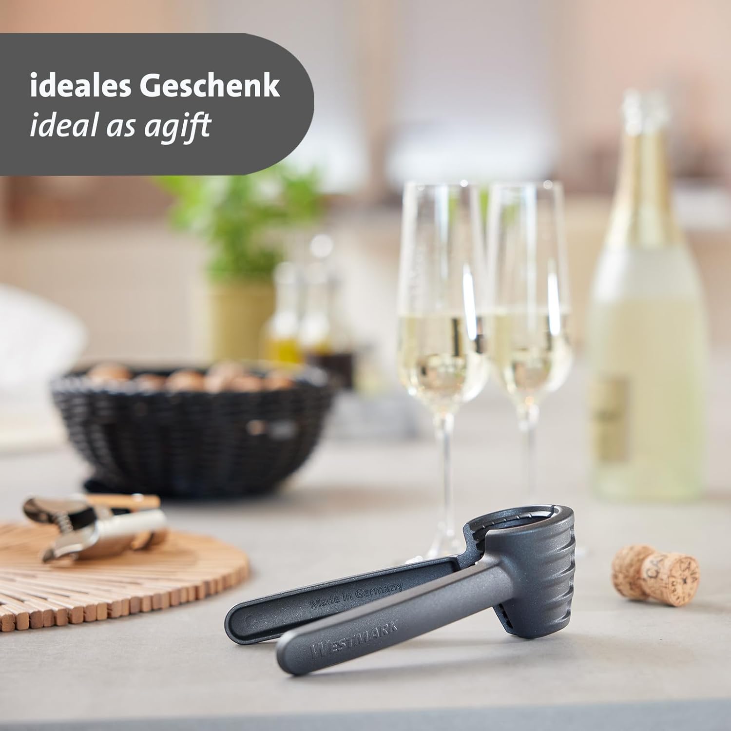Westmark Nutcracker and champagne tongs, extra large opening for walnuts, with clip, aluminium, Westmark nut profile, anthracite/red, 33222270