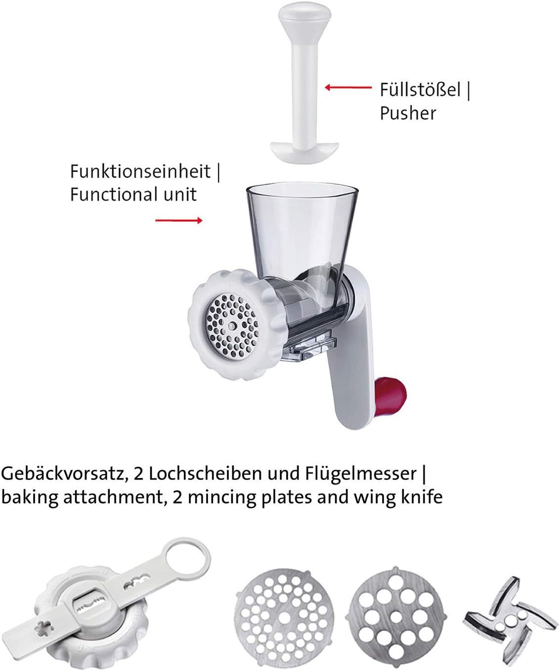 Westmark Fleischwolf-Aufsatz mit 2 Lochscheiben und Spritzgebäckvorsatz, Ergänzungsset zu Trommelreibe »Scharfe Herta« oder Entsafter »Vita Freund«, Kunststoff, Frecher Fritz, Weiß/Rot, 97052260 Aufsatz Fleischwolf