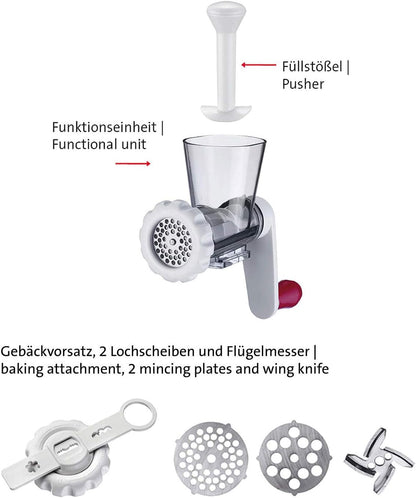 Westmark Fleischwolf-Aufsatz mit 2 Lochscheiben und Spritzgebäckvorsatz, Ergänzungsset zu Trommelreibe »Scharfe Herta« oder Entsafter »Vita Freund«, Kunststoff, Frecher Fritz, Weiß/Rot, 97052260 Aufsatz Fleischwolf