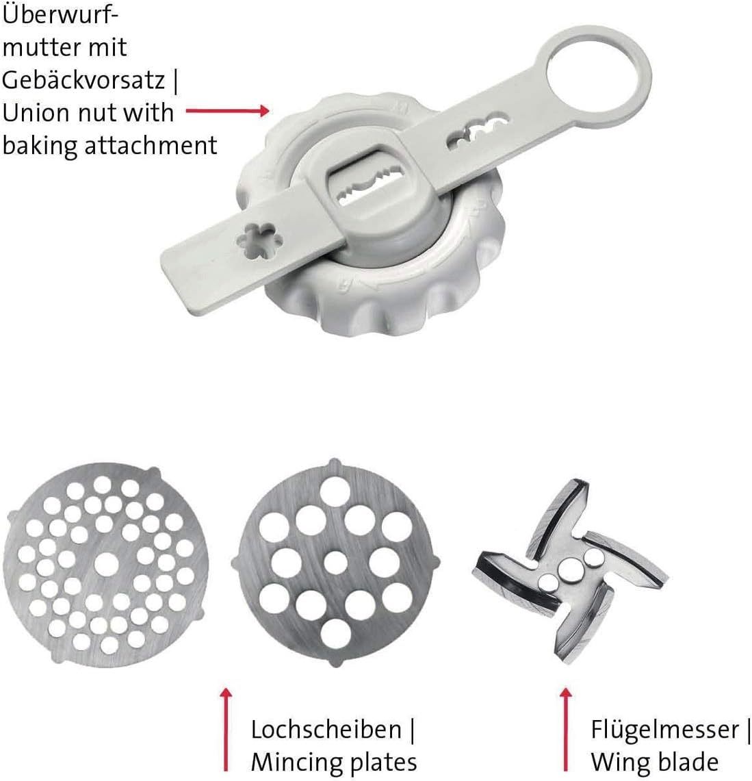 Westmark Fleischwolf-Aufsatz mit 2 Lochscheiben und Spritzgebäckvorsatz, Ergänzungsset zu Trommelreibe »Scharfe Herta« oder Entsafter »Vita Freund«, Kunststoff, Frecher Fritz, Weiß/Rot, 97052260 Aufsatz Fleischwolf