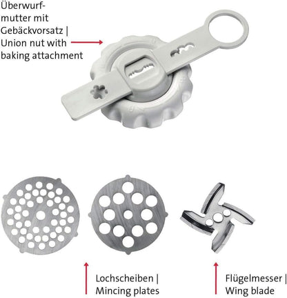 Westmark Fleischwolf-Aufsatz mit 2 Lochscheiben und Spritzgebäckvorsatz, Ergänzungsset zu Trommelreibe »Scharfe Herta« oder Entsafter »Vita Freund«, Kunststoff, Frecher Fritz, Weiß/Rot, 97052260 Aufsatz Fleischwolf