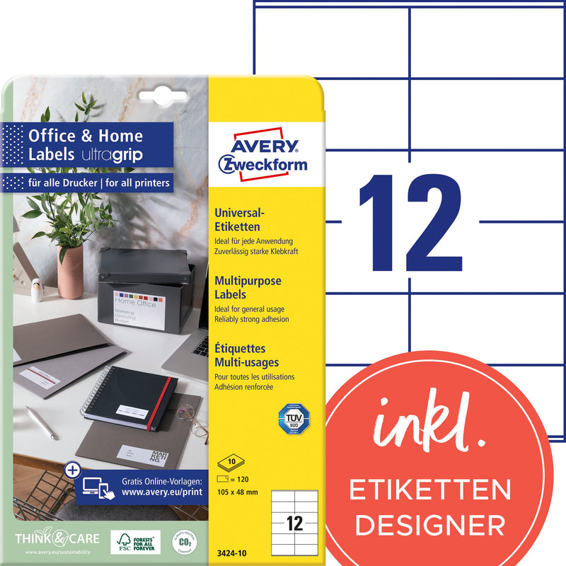 AVERY Zweckform 3424-10 Address Labels (120 Adhesive Labels, 105 x 48 mm on A4, Printable Labels, Self-Adhesive Address Labels with Ultragrip, Ideal for Home Office) 10 Sheets, White
