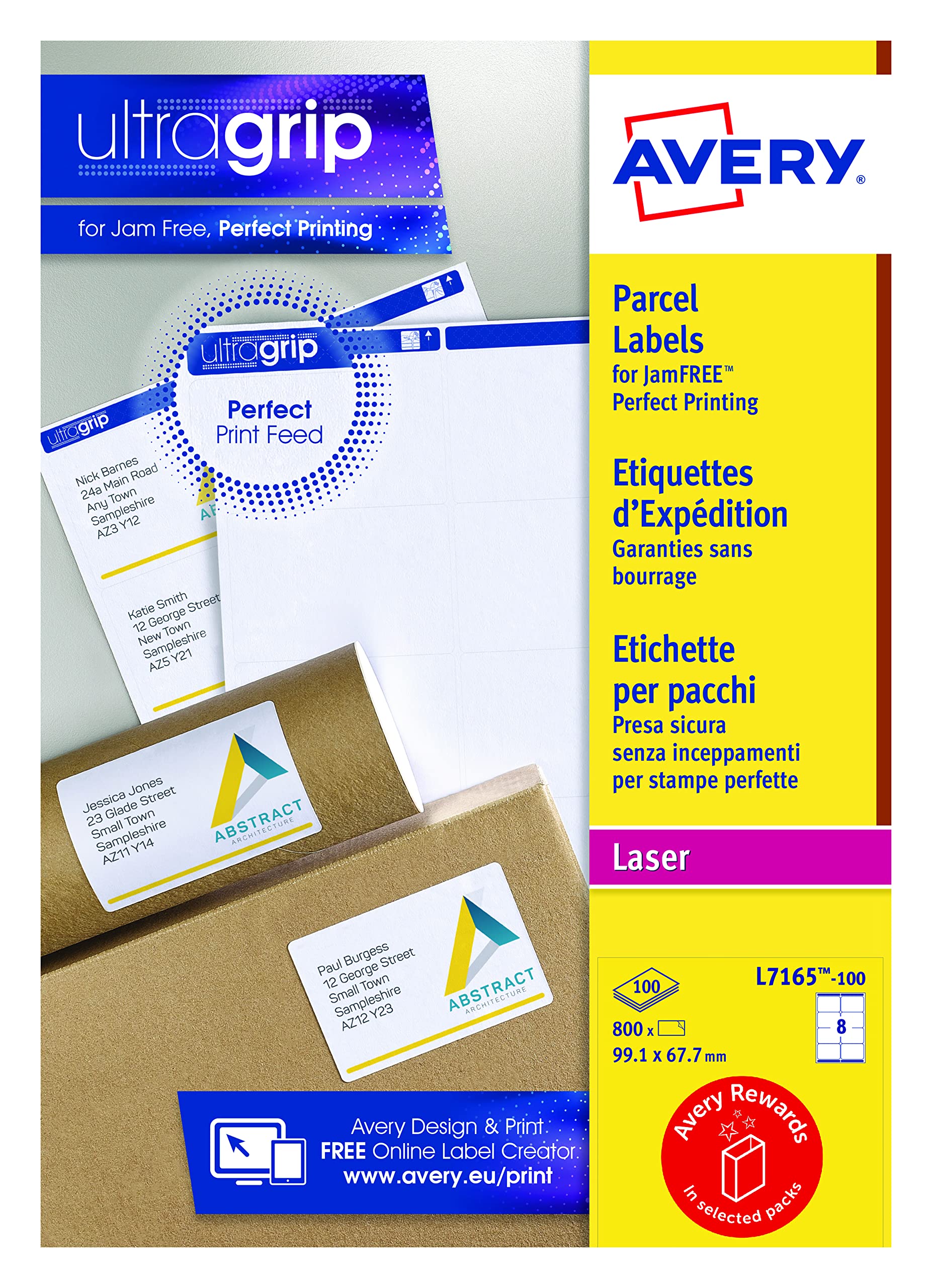 Avery L7165 Self Adhesive Parcel Shipping Labels, Laser Printers, 8 Labels Per A4 Sheet, 800 Labels, UltraGrip, white,99.1 x 67.7 mm 99.1 x 67.7 mm Paper
