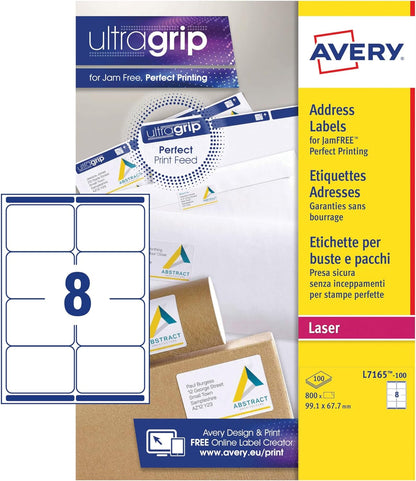 Avery L7165 Self Adhesive Parcel Shipping Labels, Laser Printers, 8 Labels Per A4 Sheet, 800 Labels, UltraGrip, white,99.1 x 67.7 mm 99.1 x 67.7 mm Paper
