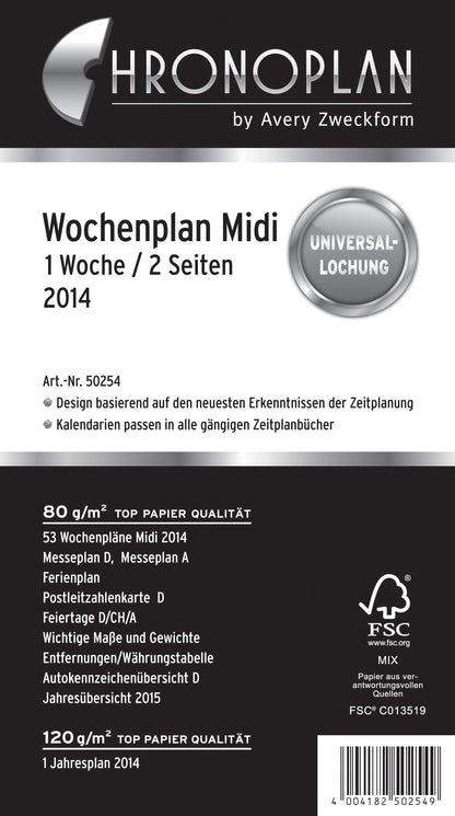 Chronoplan 50254 Calendar Insert 2024 (Weekly Plan Midi (96 x 172 mm), Replacement Calendar for Diary, Ideal for Detailed Weekly Planning, 1 Week on 2 Pages in Lines, with Universal Punching, White