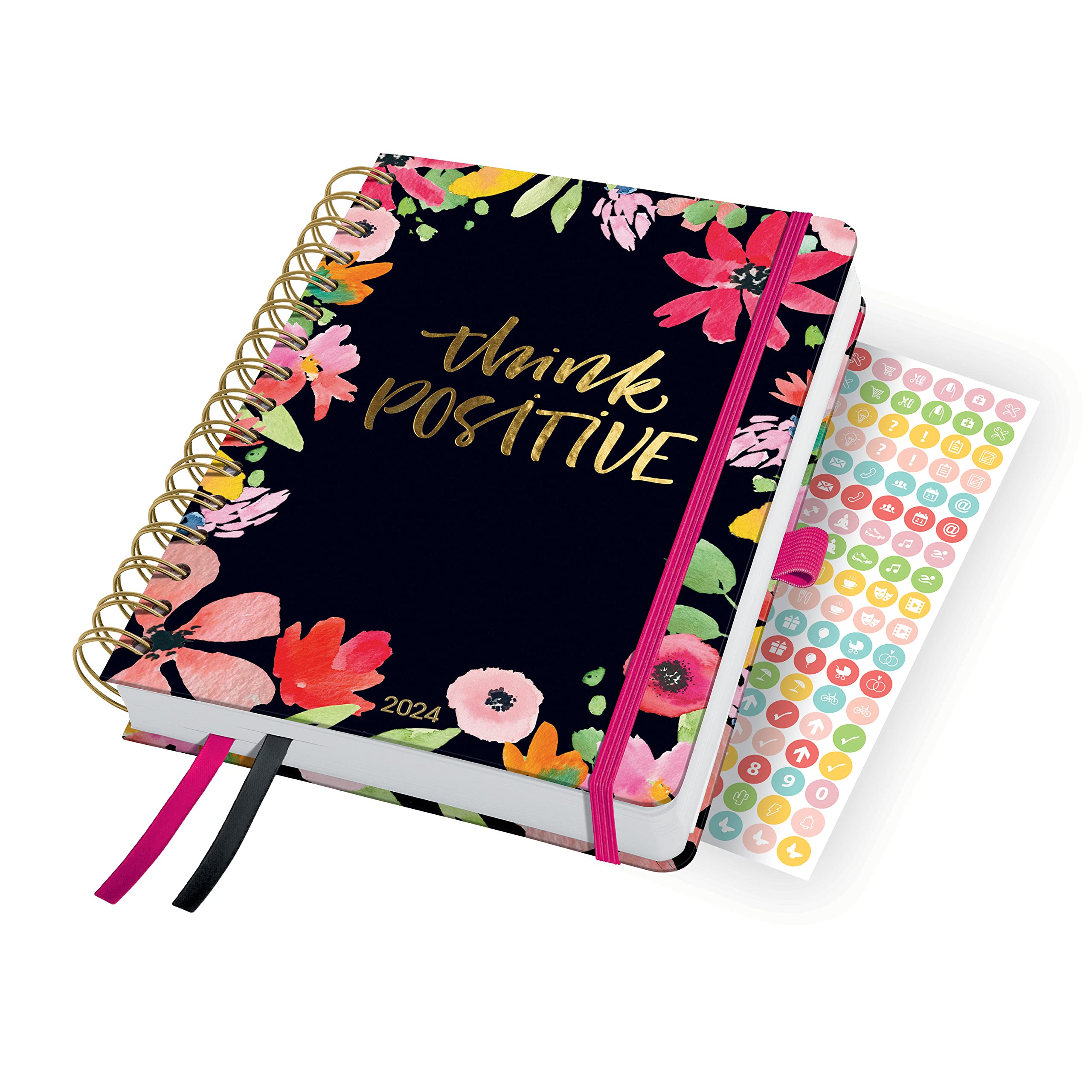 SIGEL J4600 Jolie Spiral diary 2024, Flower Love, 16,8 x 21,5 cm, hardcover, 240 pages, Black, Pink