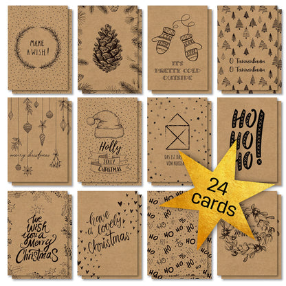 SIGEL DS700 Set of 24 Christmas postcards, 12 motifs, PEFC Certified Kraft Paper, pre-printed, easy to print brown - post cards