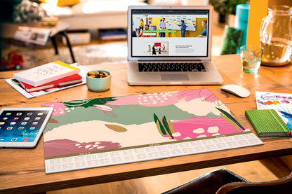 SIGEL HO309 Paper desk pad, 3-year-planner and weekly planner, design abstract leaves, A2 (59.5 x 41 cm), Pink/Beige/grin, 30 sheets 2023/24/25 1 piece pink/beige/green