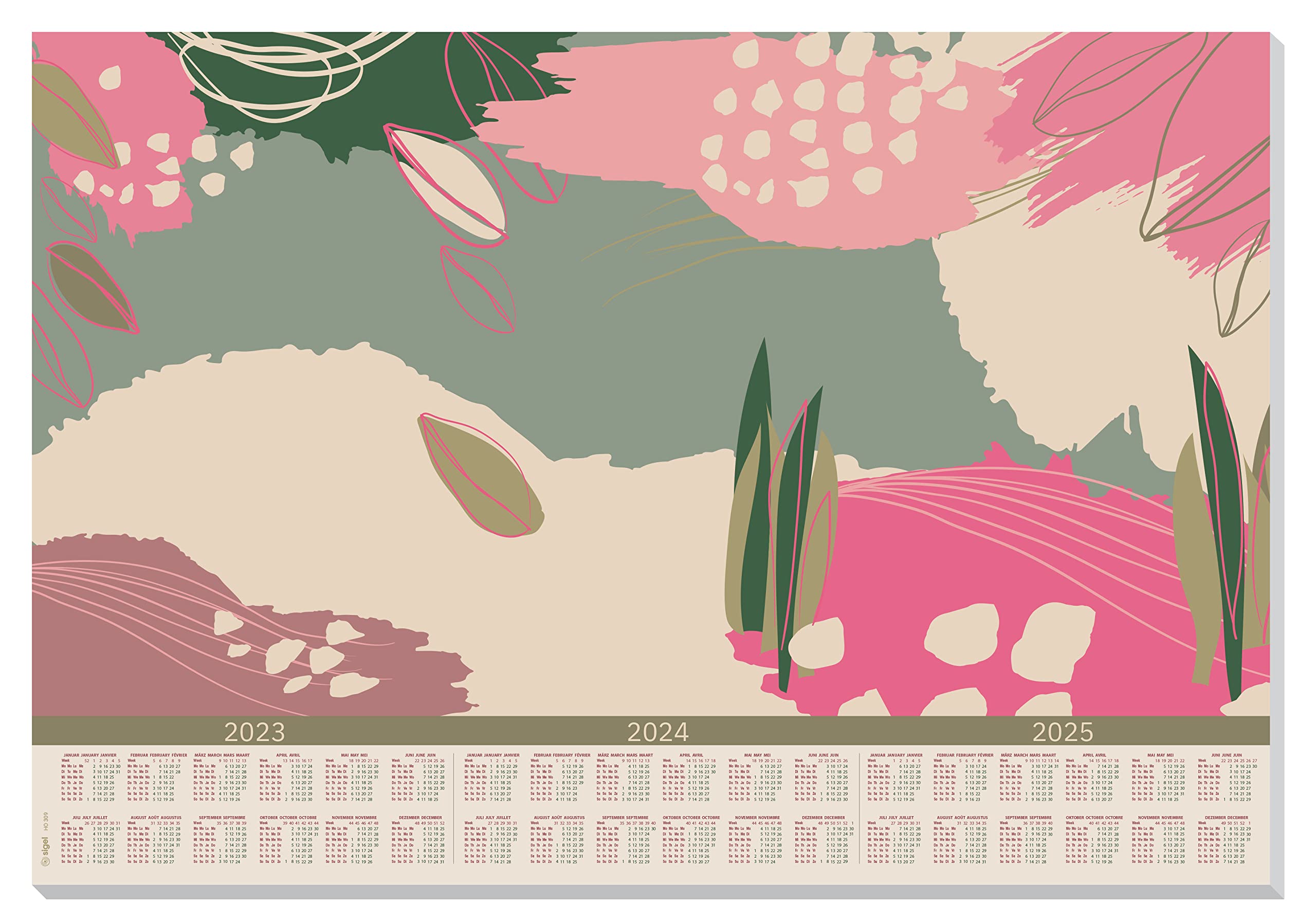 SIGEL HO309 Paper desk pad, 3-year-planner and weekly planner, design abstract leaves, A2 (59.5 x 41 cm), Pink/Beige/grin, 30 sheets 2023/24/25 1 piece pink/beige/green