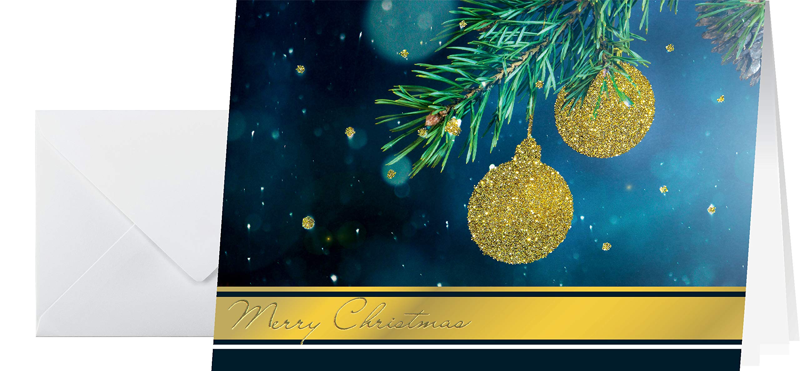 SIGEL DS065 Christmas cards 2 folds, 10.5 x 14.8 cm, Turquoise and gold, 10 Pieces + 10 White envelopes included, easy to print Golden Glitter - blue/white