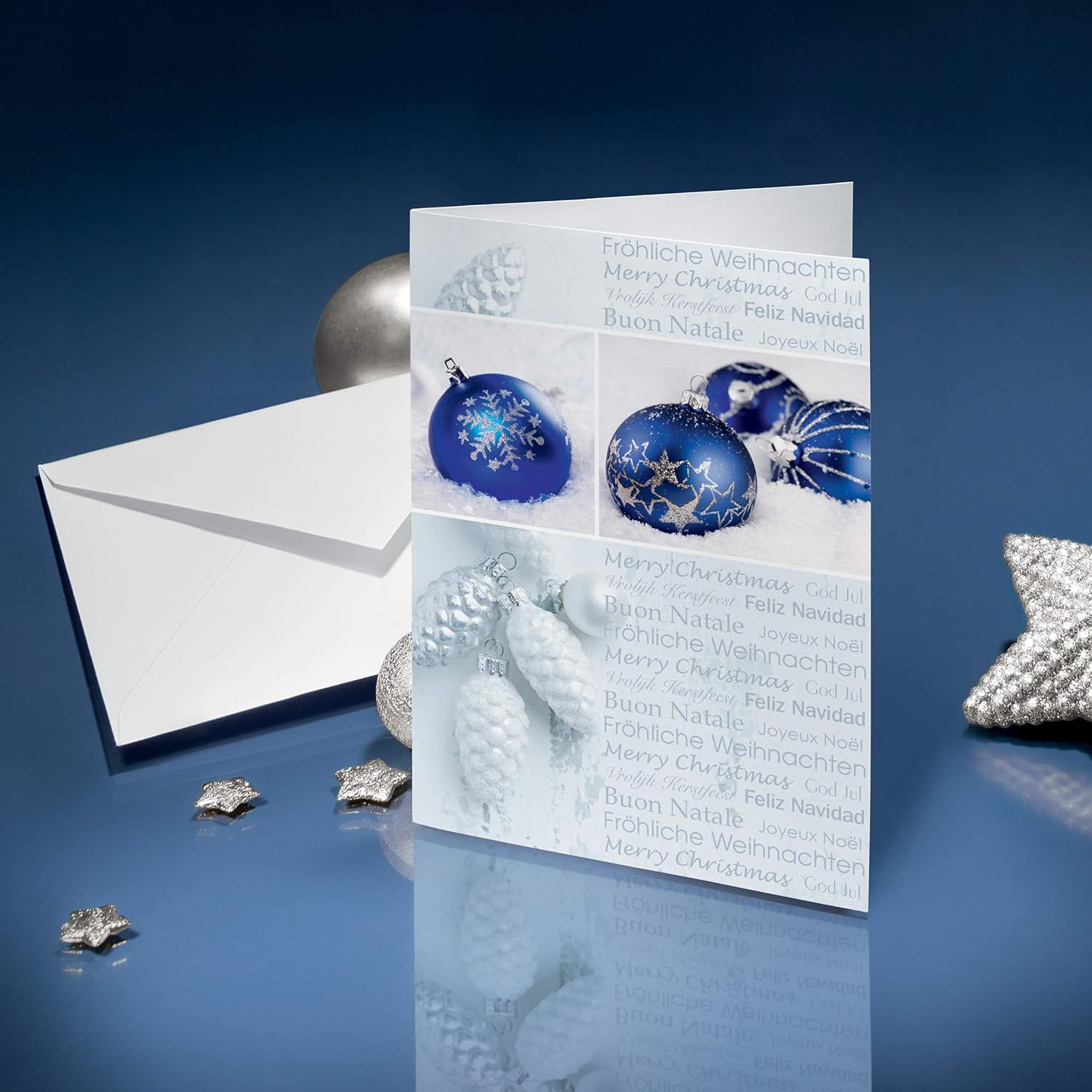 SIGEL DS057 Christmas Greeting Card "Seasons Greetings", A6 (A5), blank, 25 pcs. incl. 25 envelopes, easy to print Blue