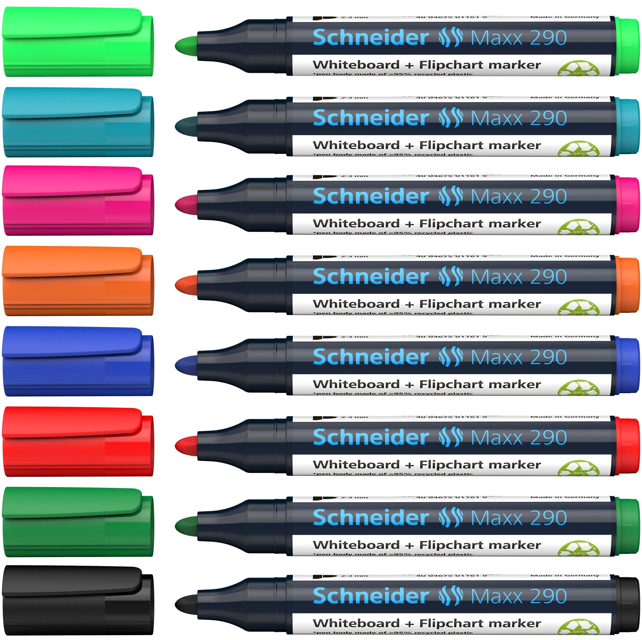 Schneider Maxx 290 Marker for Whiteboards and Flip Charts, Bullet Tip 2-3 mm Line Width, Dry Wipe Clean, High Quality, Strong and Intensive Colour) Case with 8 Colours