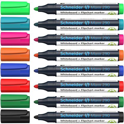 Schneider Maxx 290 Marker for Whiteboards and Flip Charts, Bullet Tip 2-3 mm Line Width, Dry Wipe Clean, High Quality, Strong and Intensive Colour) Case with 8 Colours